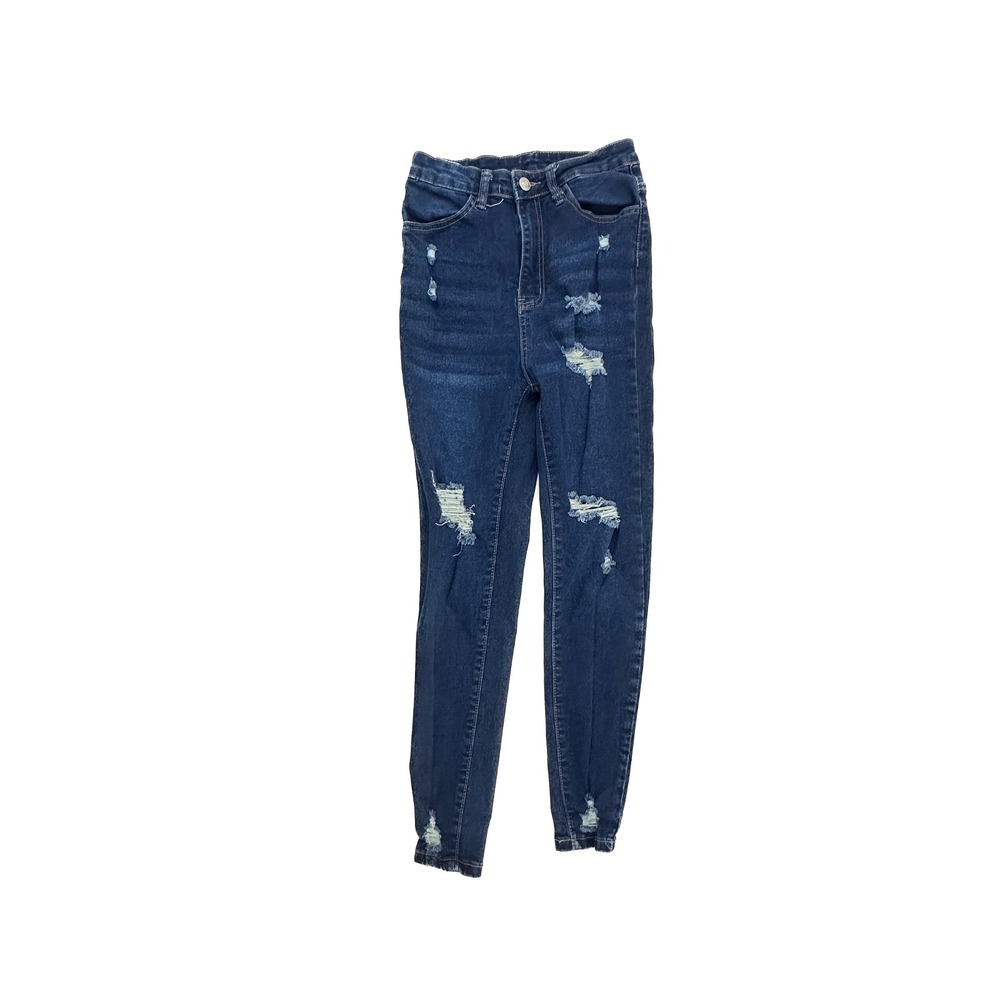 SHEIN Womens High Waisted Distressed Skinny Jeans Dark Wash Blue Size XS 2โ